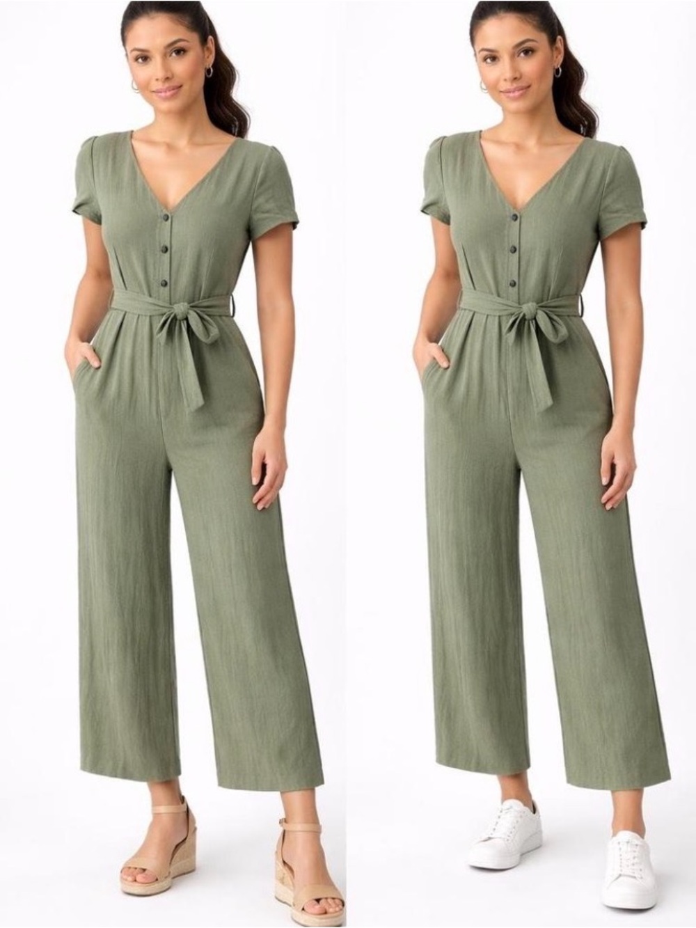 Maurices Olive Green V-Neck Short Sleeve Tie-Waist Jumpsuit